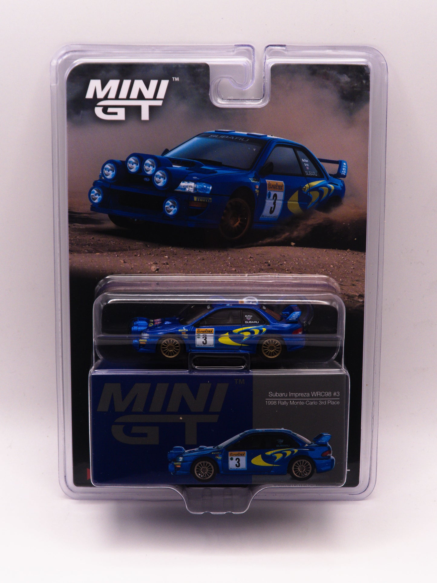 Mini GT #975 Subaru Impreza WRC98 #3 1998 Monte-Carlo 3rd Place Niebieski *BLISTER
