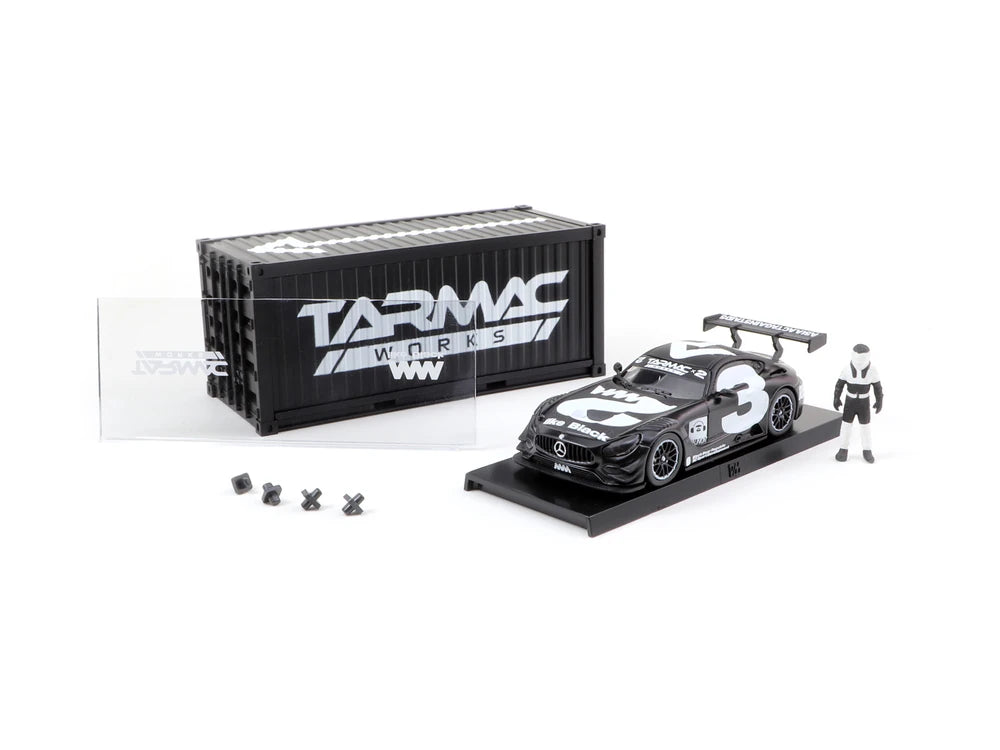 *PRESALE Tarmac Works Mercedes Benz AMG GT3 #3 Czarny z Kontenerem i Figurką *Biały Napis