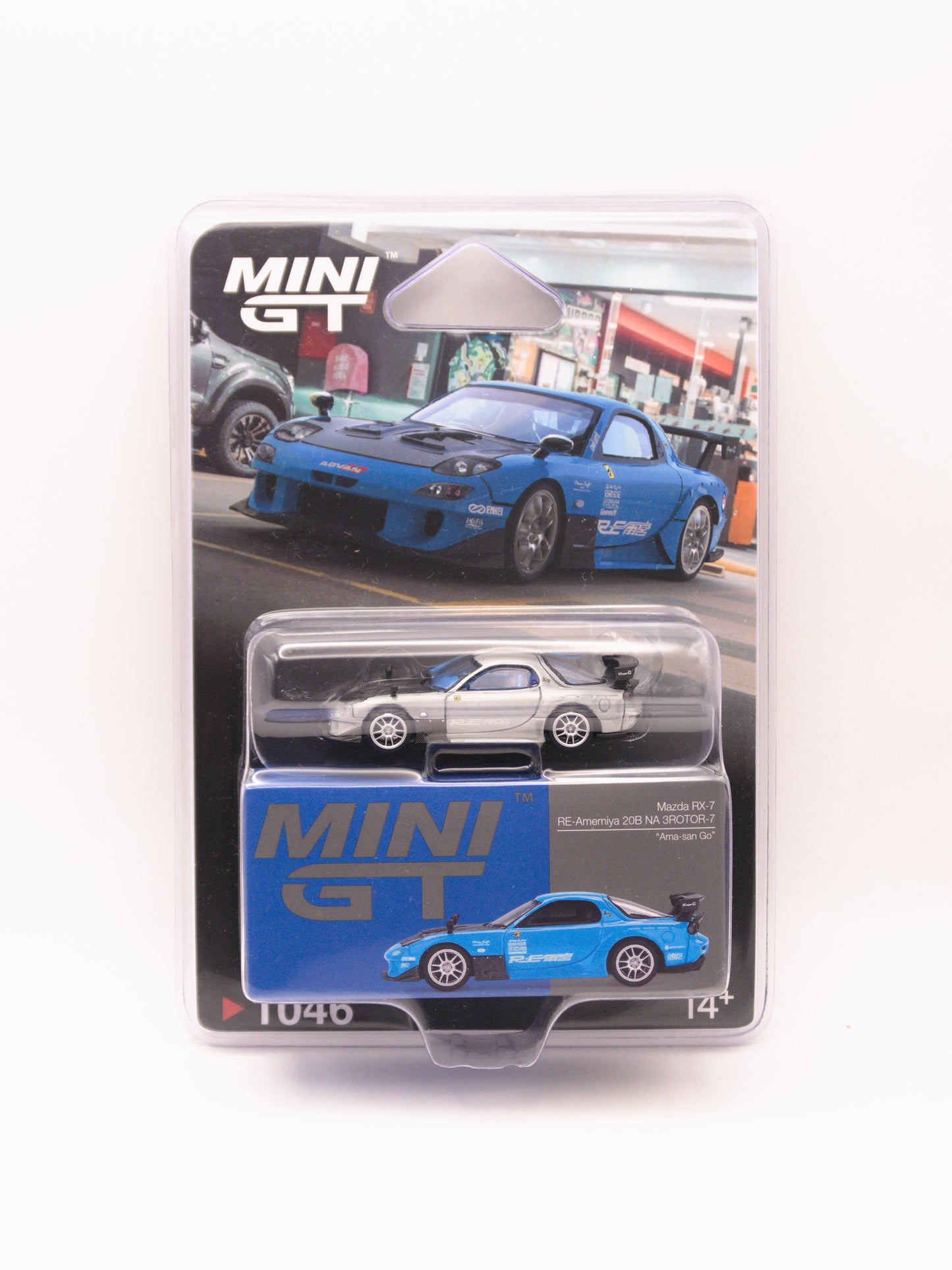 CHASE Mini GT #1046 Mazda RX-7 RE-Amemiya 20B NA 3ROTOR-7 Ama-San Go Niebieski