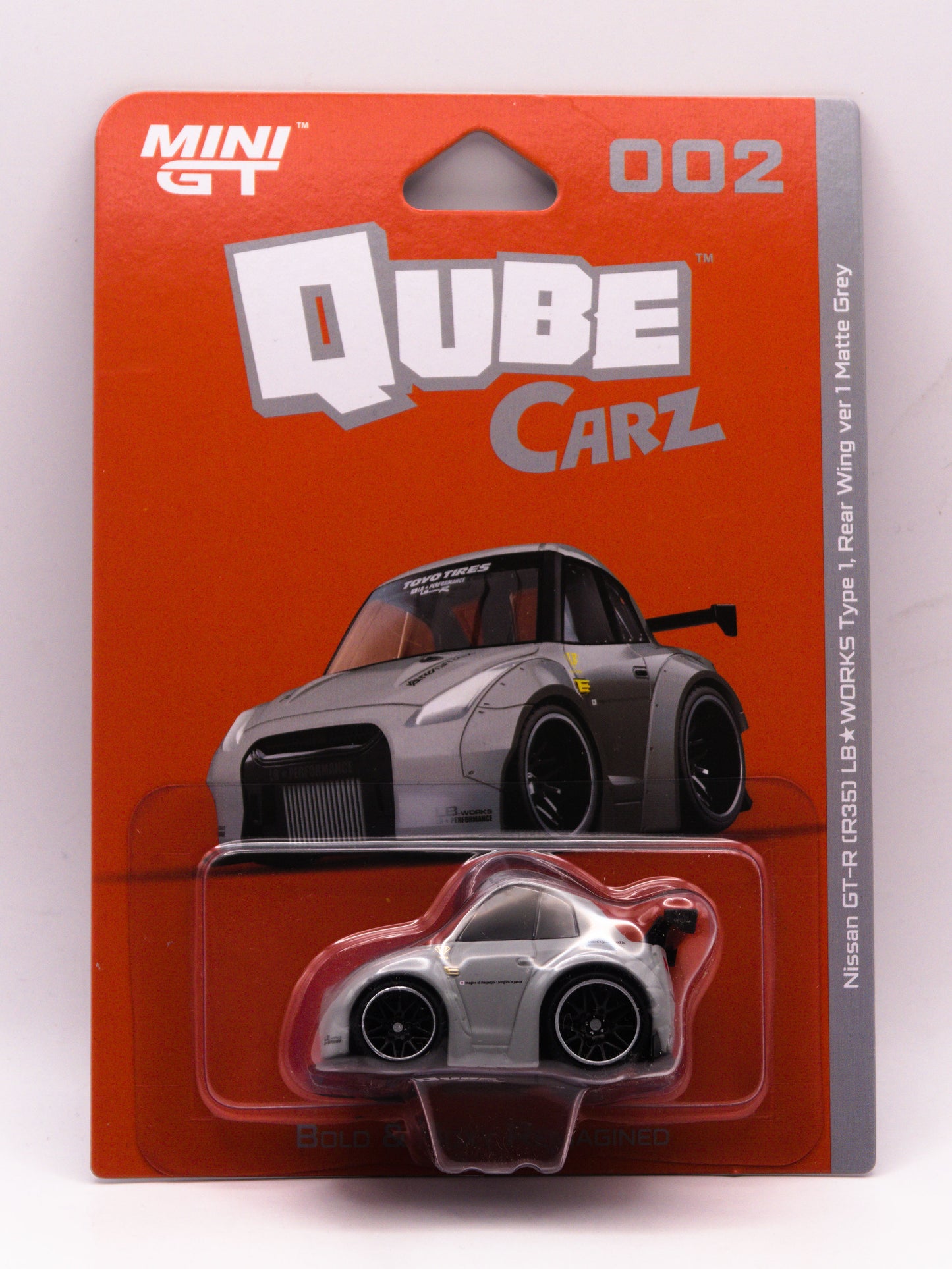 Mini GT Qube Carz 002 Nissan GT-R R34 LB Works Type 1 Szary