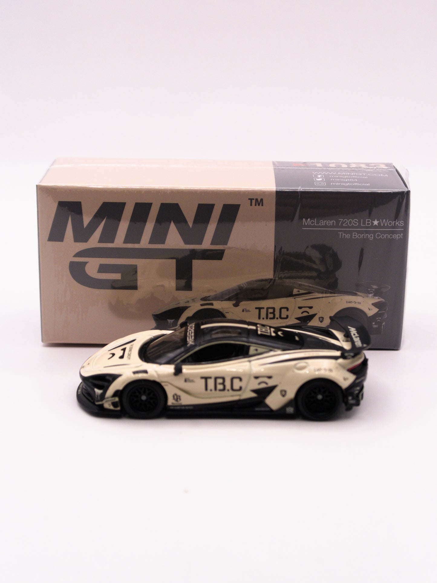 Mini GT #1083 McLaren 720S Liberty Walk LB-WORKS The Boring Concept Beżowy *Pudełko