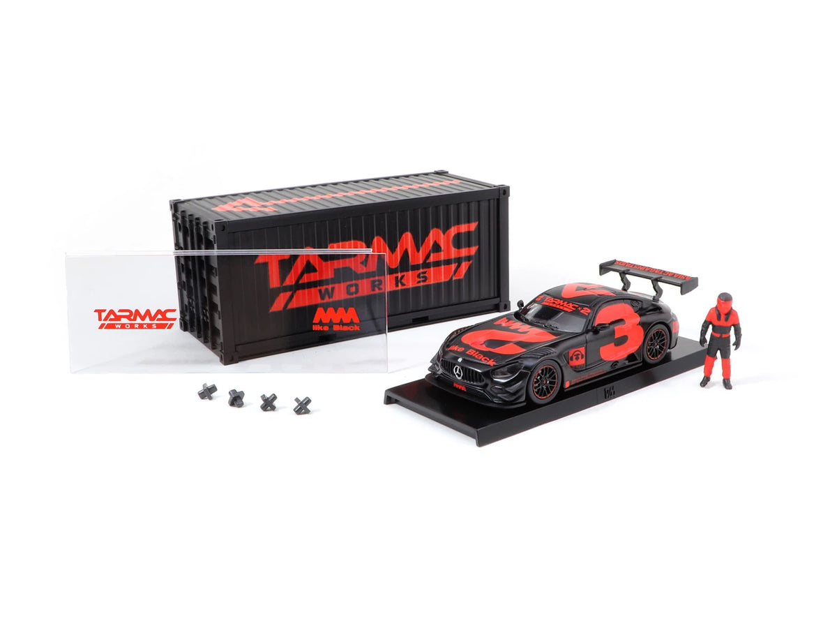 *PRESALE Tarmac Works Mercedes Benz AMG GT3 #3 Czarny z Kontenerem i Figurką *Czerwony Napis (Kopia)
