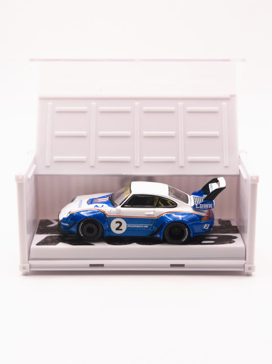 Tarmac Works Porsche 911 993 RWB LBWK Niebiesko Biały z Kontenerem